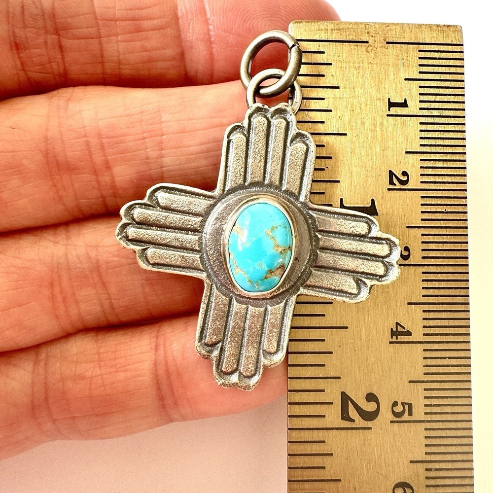 Navajo Zia Symbol Pendant Turquoise 1.75in NM Signed K Billah Sterling Native - Picture 3 of 5